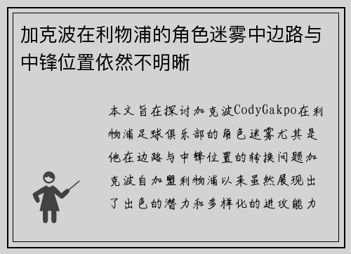 加克波在利物浦的角色迷雾中边路与中锋位置依然不明晰 加克波在利物浦的角色迷雾中边路与中锋位置依然不明晰