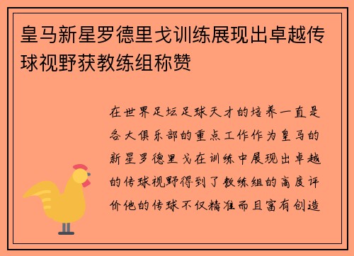皇马新星罗德里戈训练展现出卓越传球视野获教练组称赞
