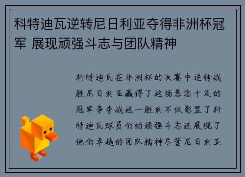 科特迪瓦逆转尼日利亚夺得非洲杯冠军 展现顽强斗志与团队精神